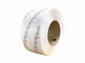 Taśma polipropylenowa PP 12x0.60 mm/200/2500m biała z czerwono-czarnym nadrukiem